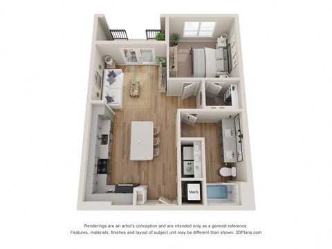 Floor plan for 1 bed, 1 bath, 729 sqft